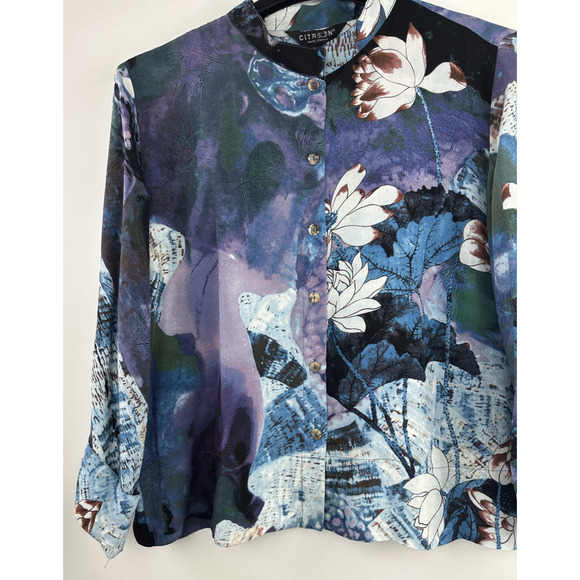 NWT CITRON Santa Monica 100% Silk Button Front Blouse Abstract Floral Size XL - Picture 4 of 16